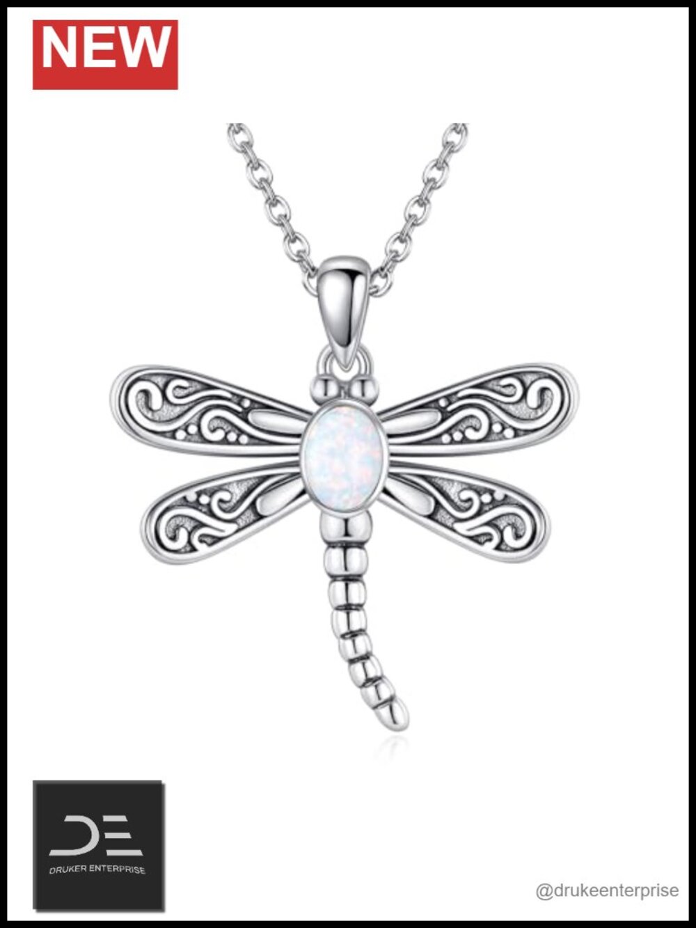 925 Sterling Silver Dragonfly Pendant Necklace with White Opal